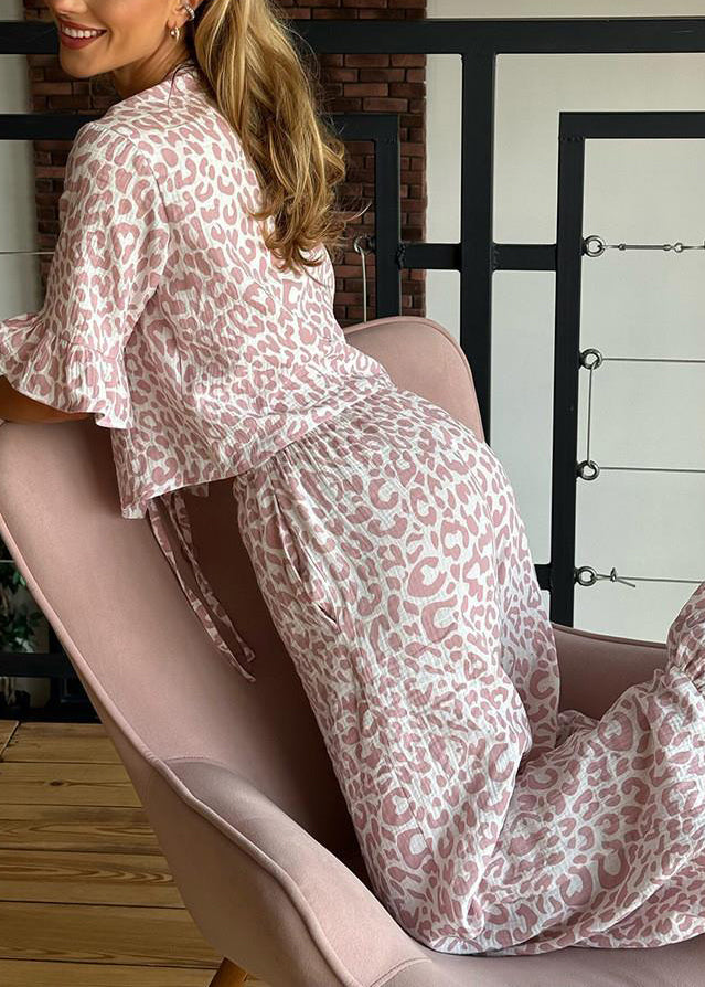 Print Purple Sets Cotton Leopard Up Women Summer Pajama Lace