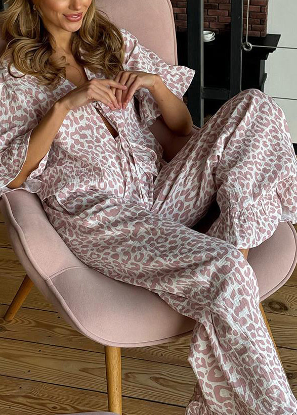 Print Purple Sets Cotton Leopard Up Women Summer Pajama Lace