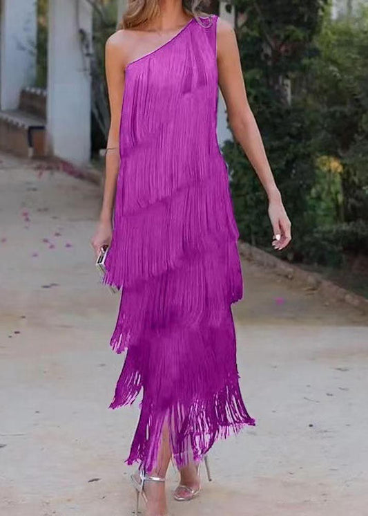 Tasseled Dresses Purple Shoulder One Women Sleeveless