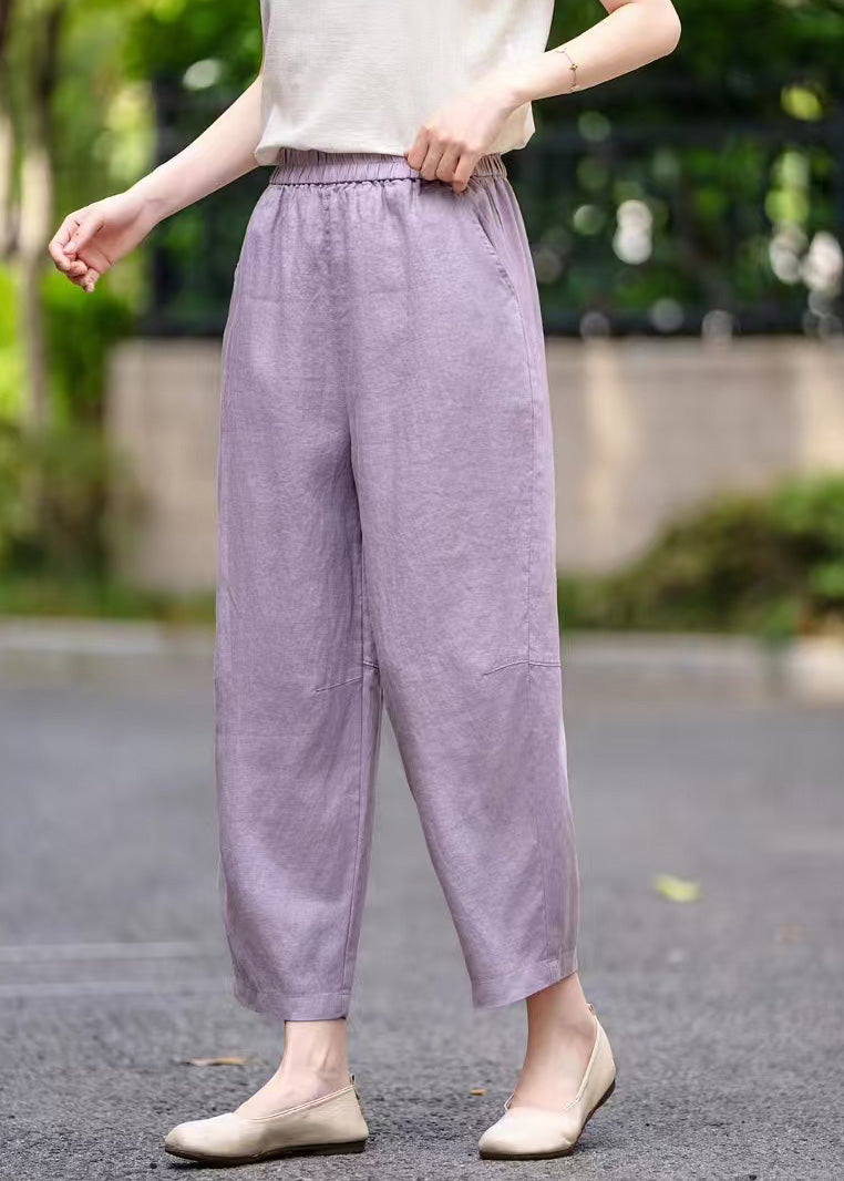 Pockets Elastic Linen Waist Purple Crop Summer Women Pants