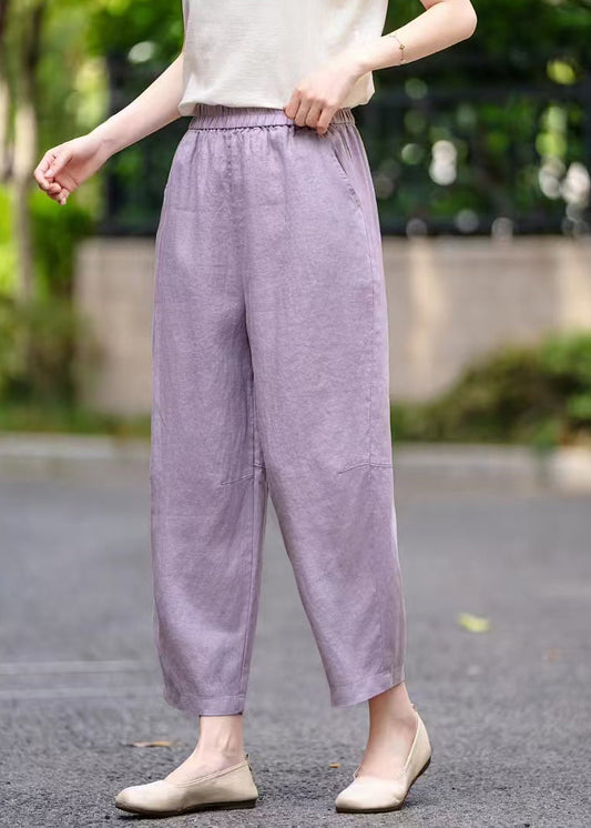 Pockets Elastic Linen Waist Purple Crop Summer Women Pants