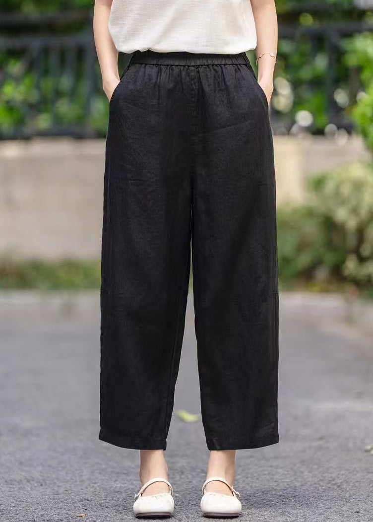 Pockets Elastic Linen Waist Purple Crop Summer Women Pants