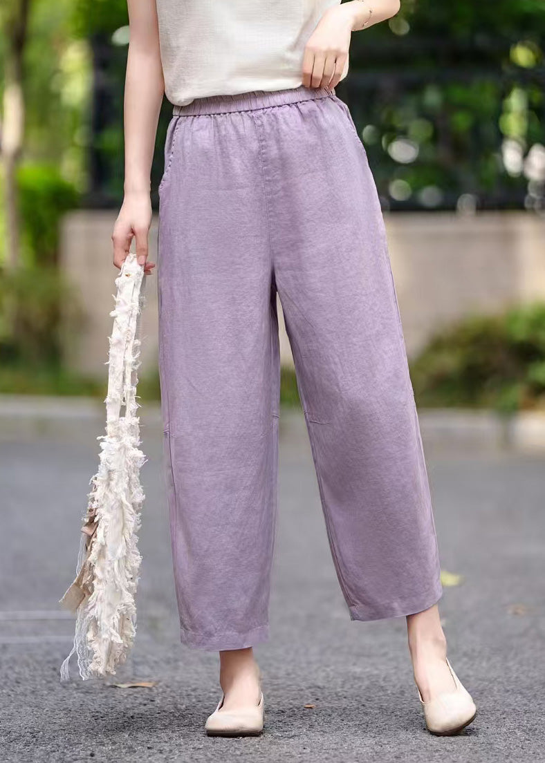 Pockets Elastic Linen Waist Purple Crop Summer Women Pants