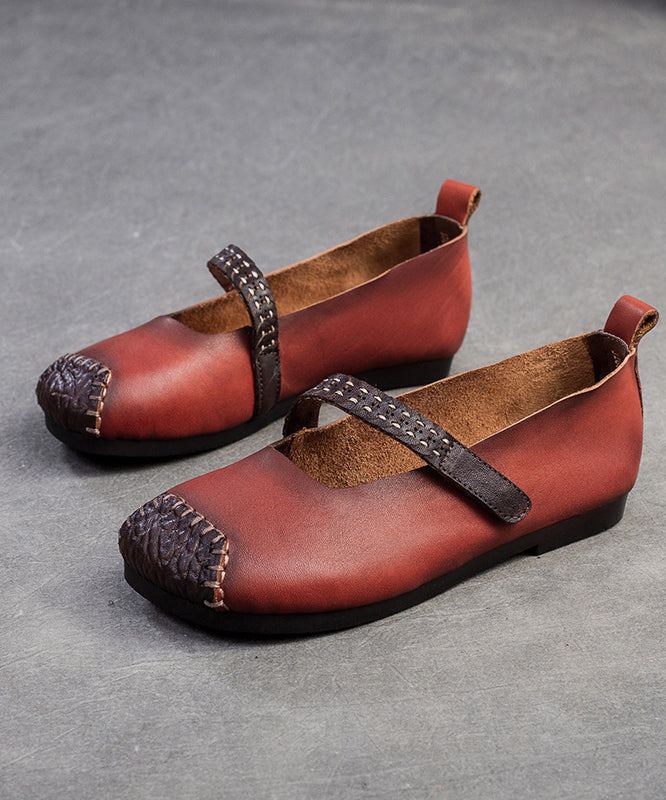 Women Red Cowhide Leather Splicing Flat Shoes SL1017