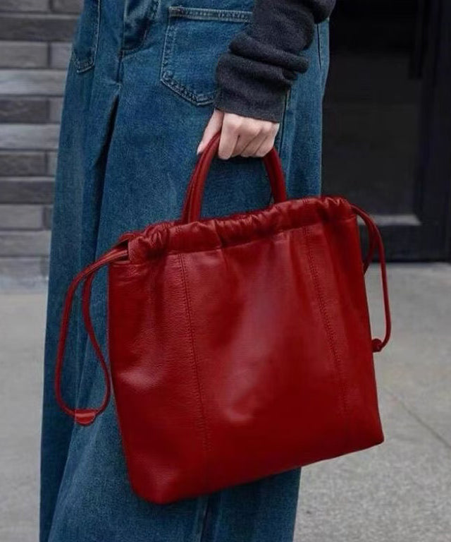 Red Leather Faux Handbag Women Large Satchel Drawstring Capacity