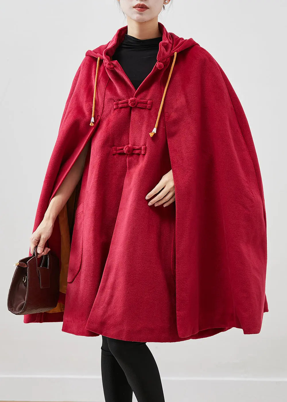 Women Red Hooded Chinese Button Warm Fleece Coats Cloak Sleeves Ada Fashion