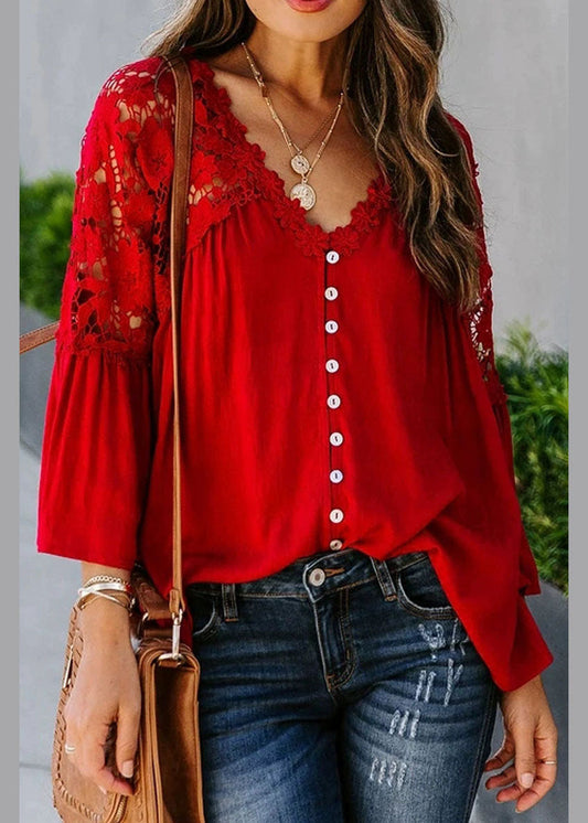 Lace Solid Women Fall Red Patchwork Top