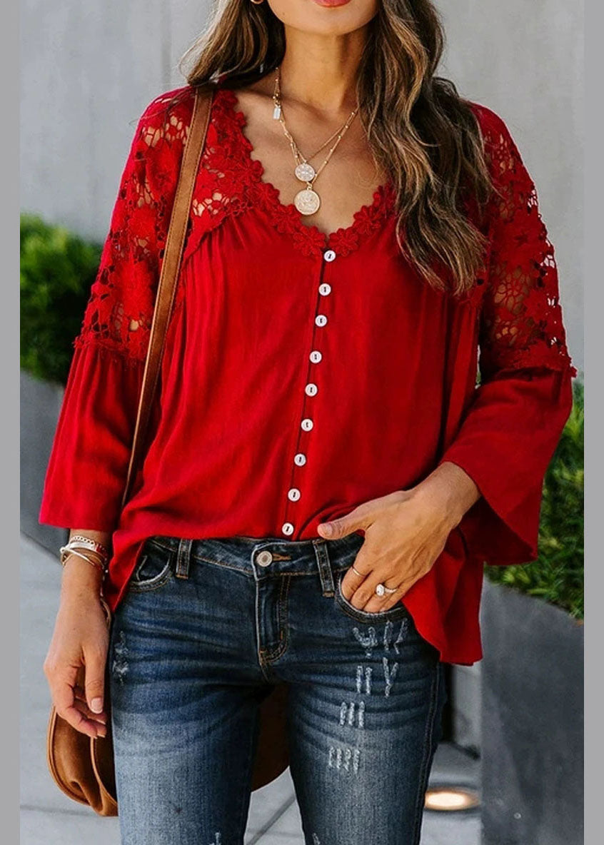 Lace Solid Women Fall Red Patchwork Top