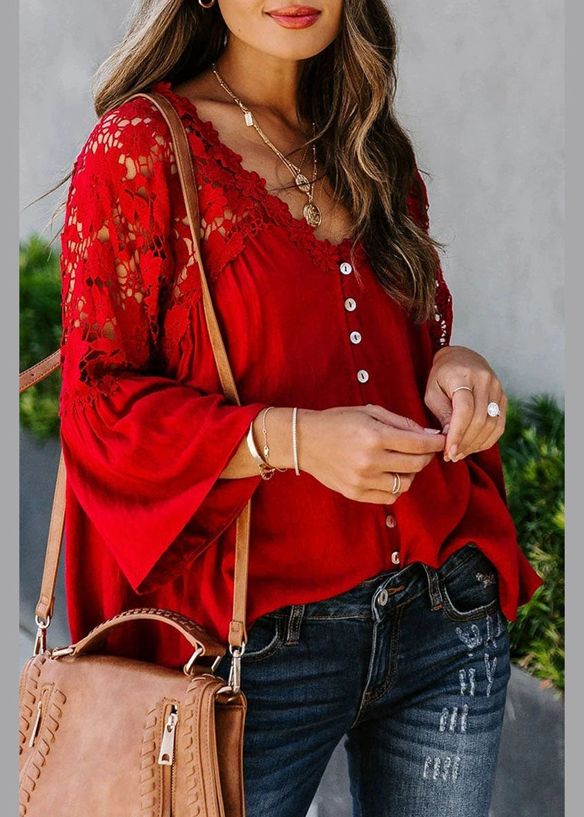 Lace Solid Women Fall Red Patchwork Top