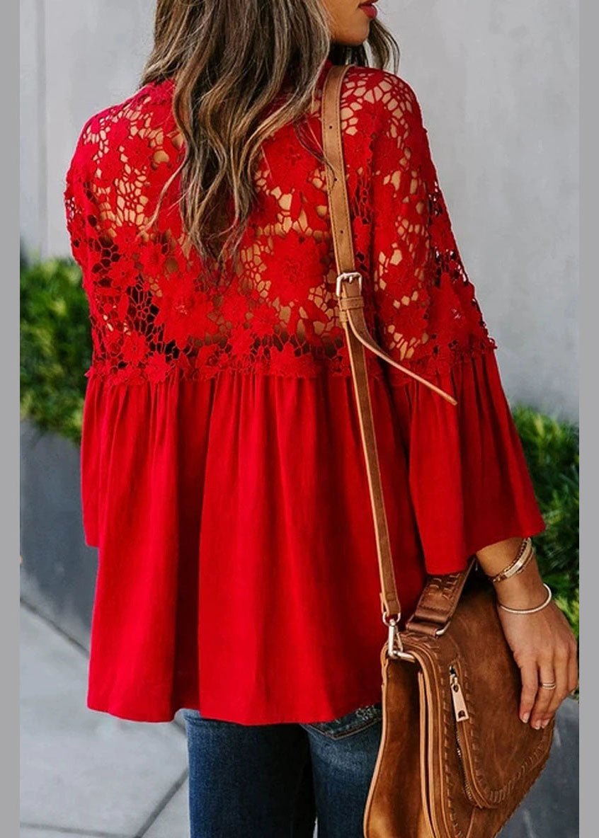Lace Solid Women Fall Red Patchwork Top