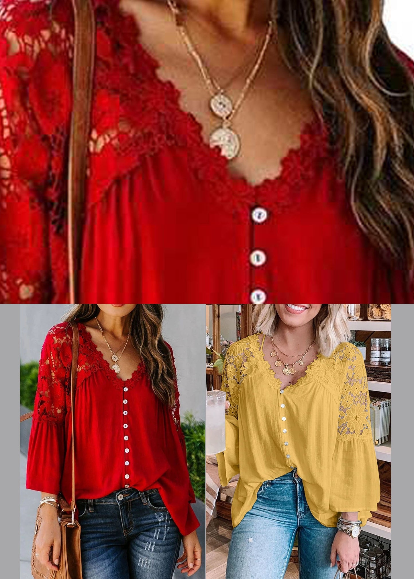 Lace Solid Women Fall Red Patchwork Top
