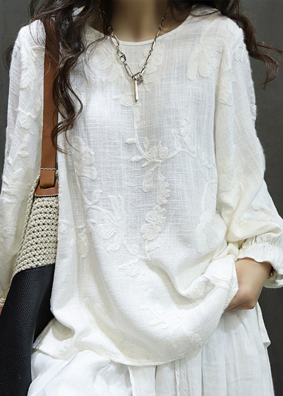 O Sleeve Linen Lantern Women Neck Red Tops Shirt Embroidered