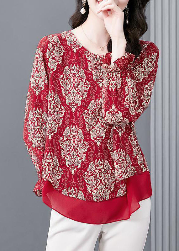 Women Red O Neck Print Patchwork Chiffon Blouses Flare Sleeve OP1066