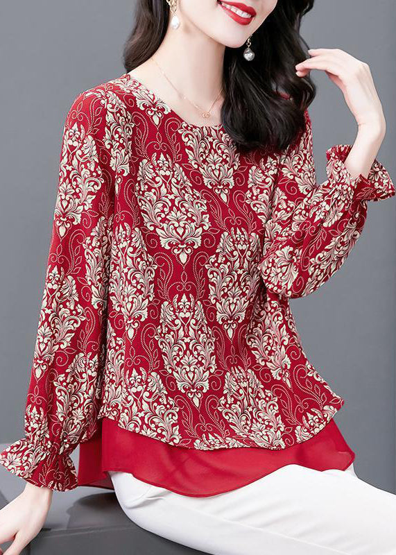 Women Red O Neck Print Patchwork Chiffon Blouses Flare Sleeve OP1066