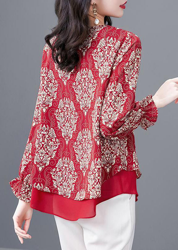 Women Red O Neck Print Patchwork Chiffon Blouses Flare Sleeve OP1066