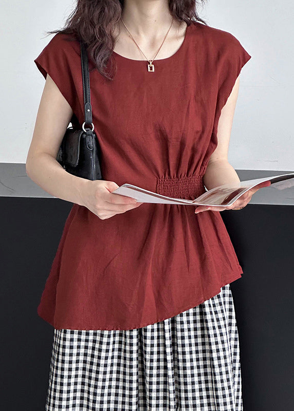 Women Red O Neck Solid Cotton Tops Summer