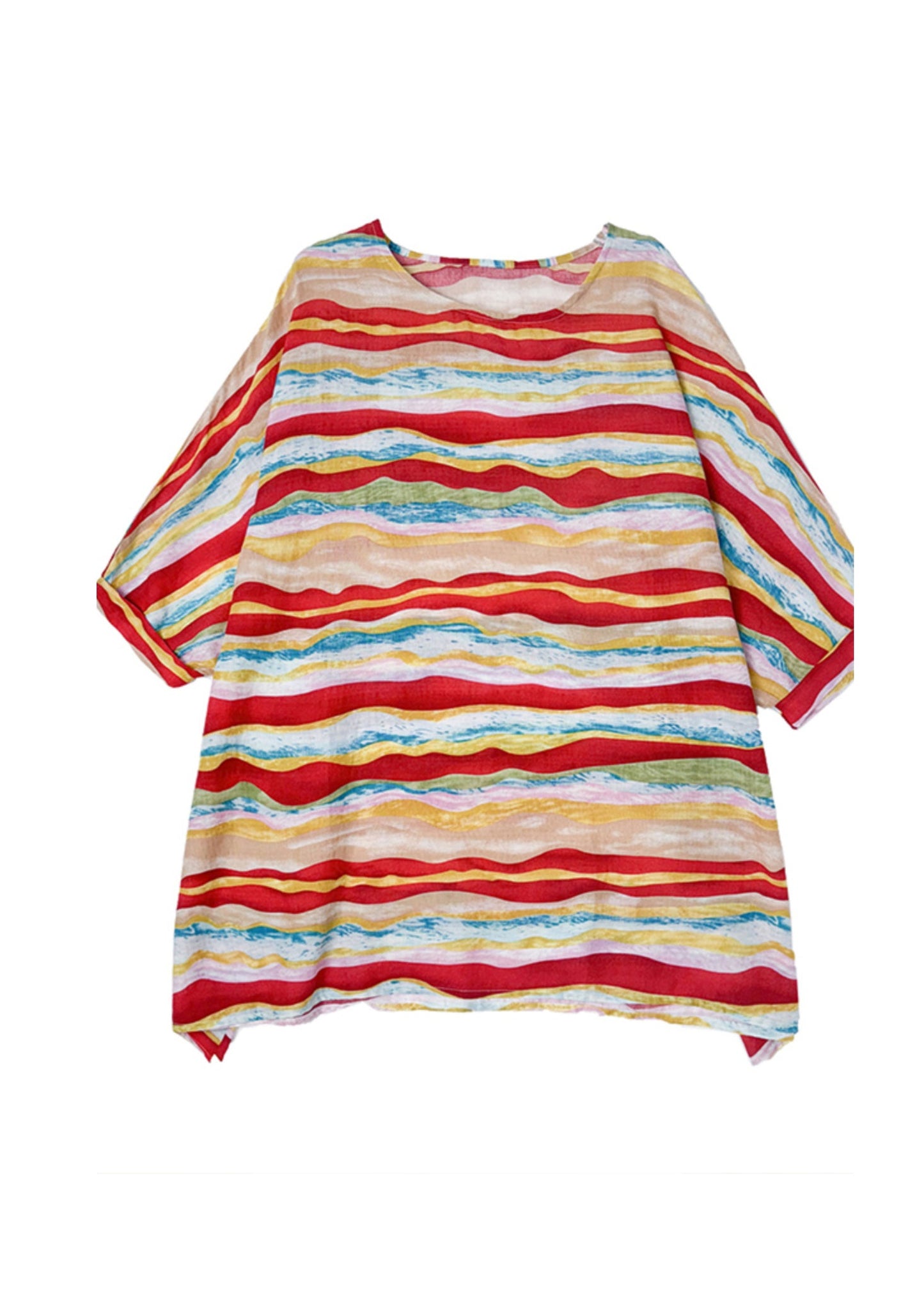 Women Red O Neck Striped Plus Size Cotton Blouse Tops Batwing Sleeve AP080