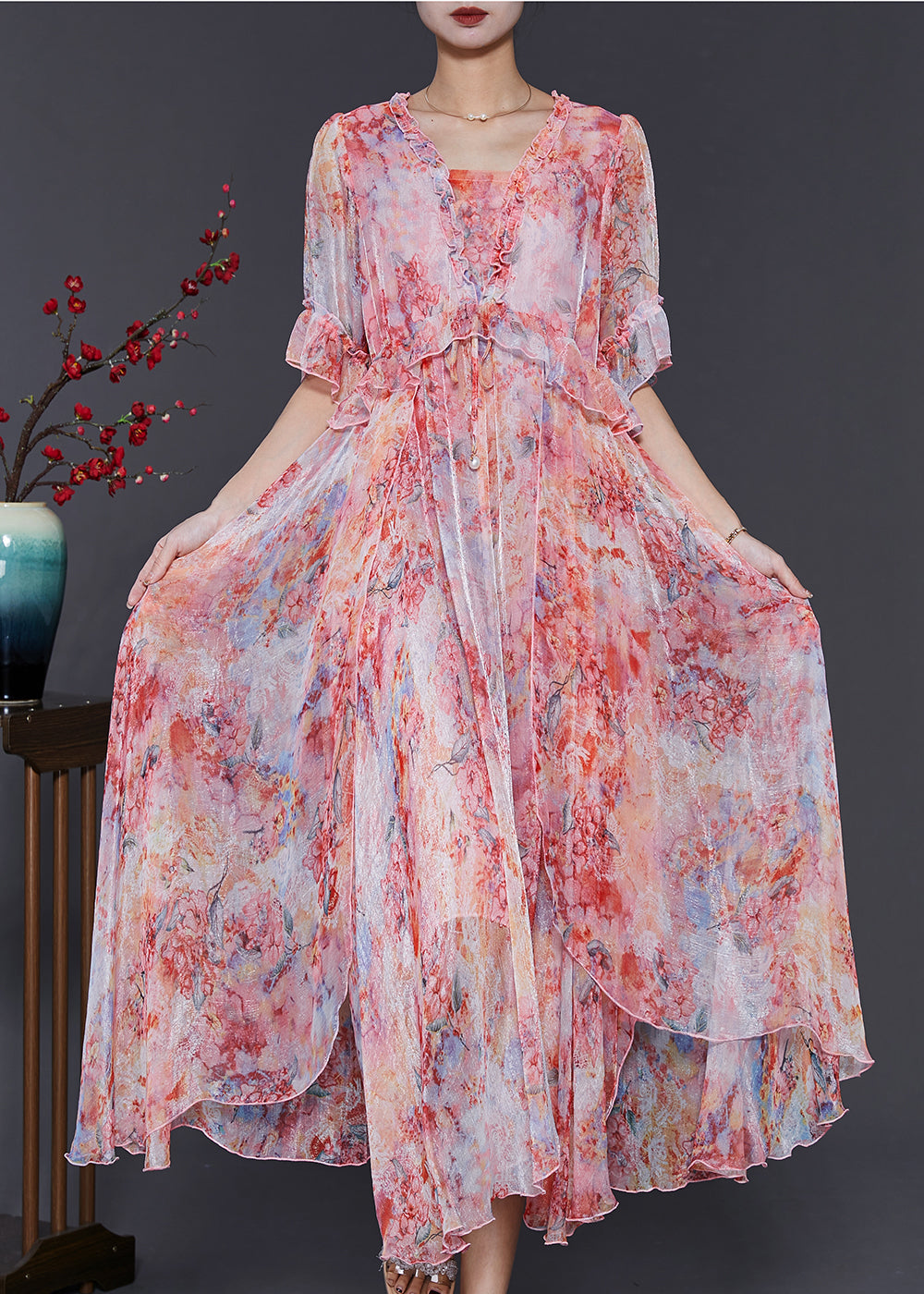 Frauen Rot Rüschen Tie Dye Chiffon Robe Kleider Sommer SD1085