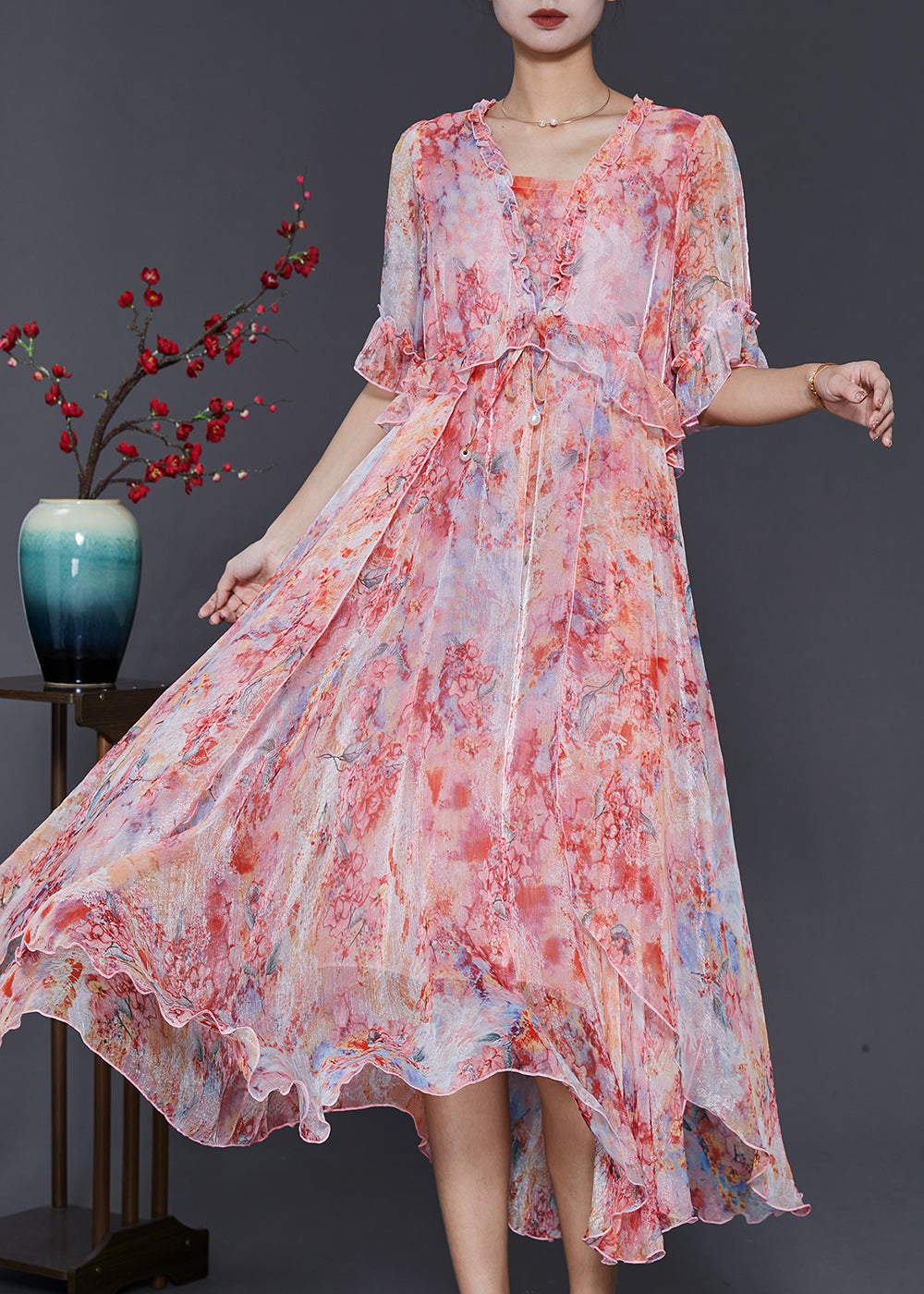 Frauen Rot Rüschen Tie Dye Chiffon Robe Kleider Sommer SD1085