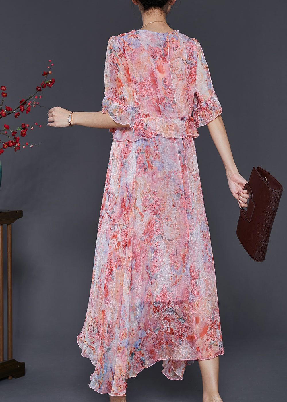 Frauen Rot Rüschen Tie Dye Chiffon Robe Kleider Sommer SD1085