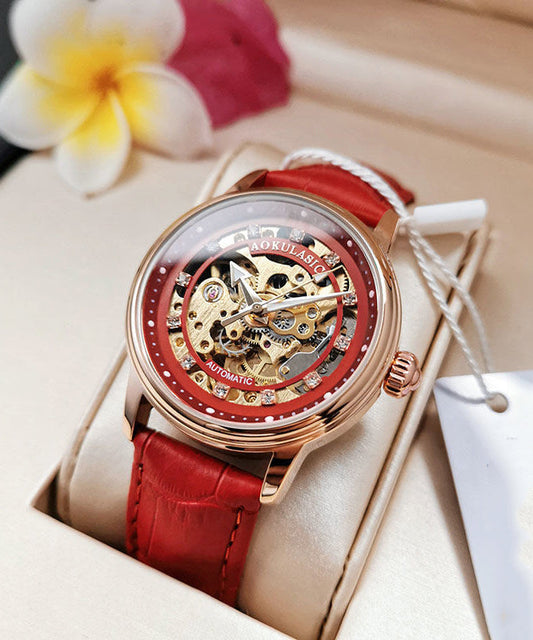 Women Red Stainless Steel Sapphire Crystal Patchwork Dermis Zircon Hollowed Out Watch QU003