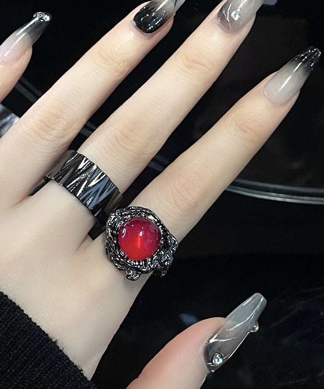 Women Retro Black Metal Gem Stone Rings Two Piece Set GH1075