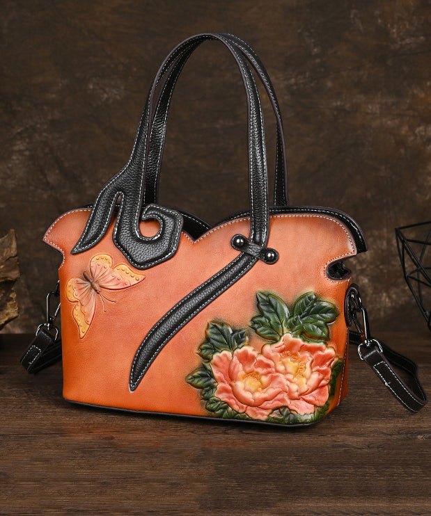 Leather Handbag Retro Women Calf Coffee Tote Embossed