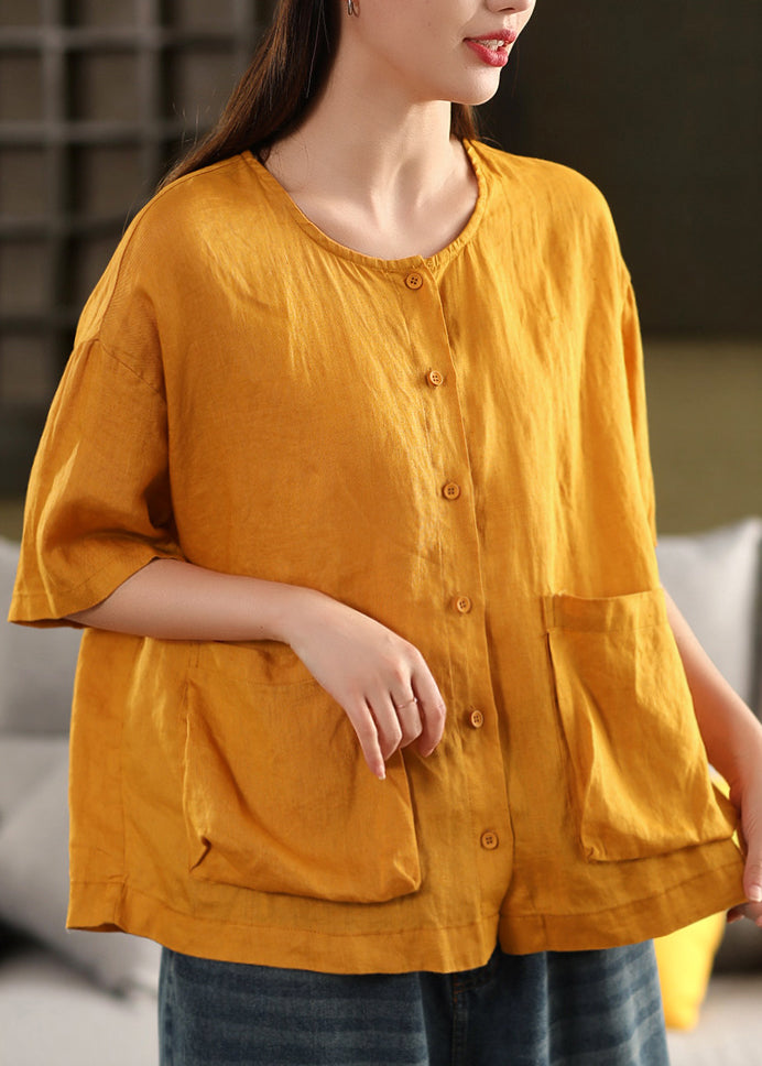 Neck Women Pockets Tops Yellow Linen Shirt Button O Summer