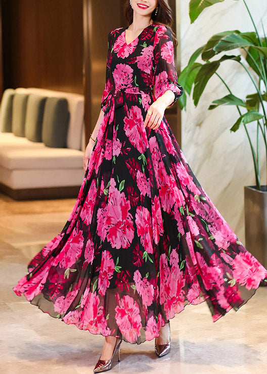 Print V Rose Summer Neck Dresses Chiffon Women Maxi