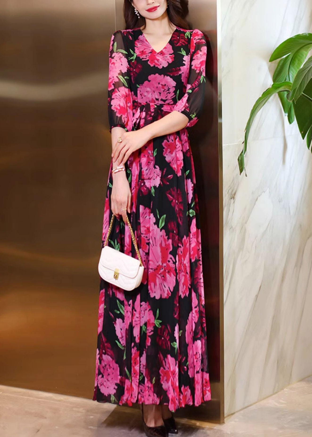 Print V Rose Summer Neck Dresses Chiffon Women Maxi