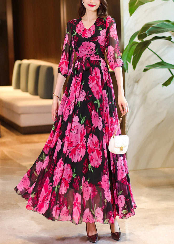 Print V Rose Summer Neck Dresses Chiffon Women Maxi