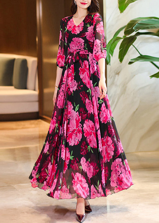 Print V Rose Summer Neck Dresses Chiffon Women Maxi