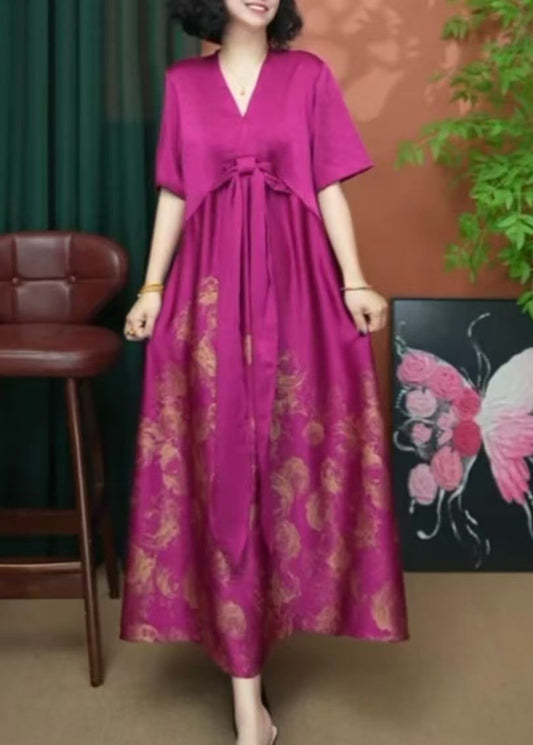 Neck Rose Long Women Silk Summer Print Patchwork V Dress