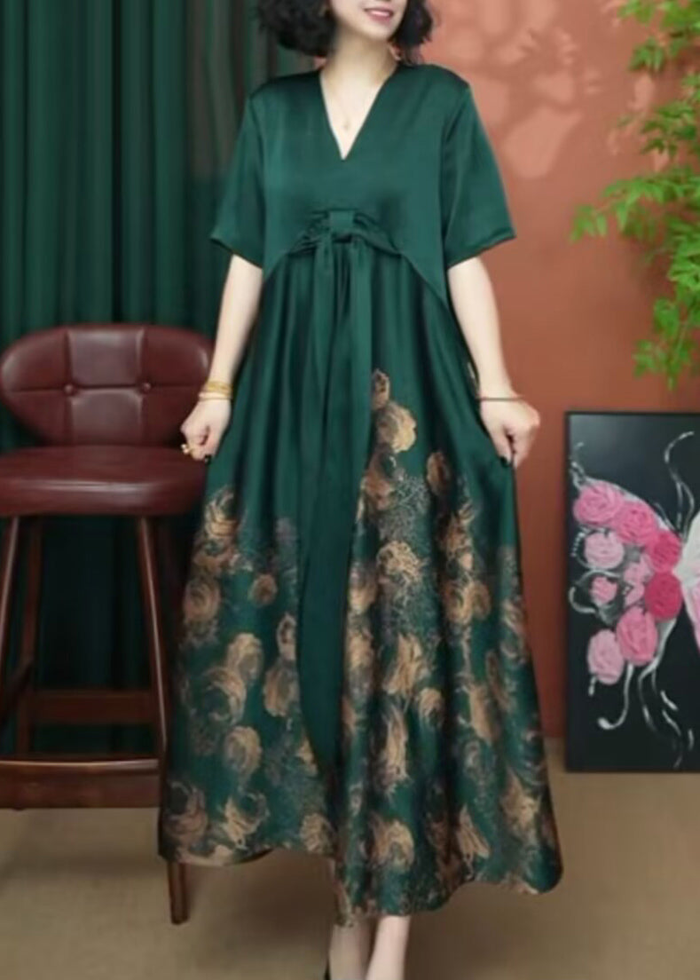 Neck Rose Long Women Silk Summer Print Patchwork V Dress