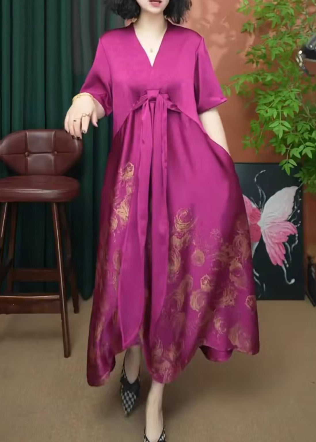 Neck Rose Long Women Silk Summer Print Patchwork V Dress