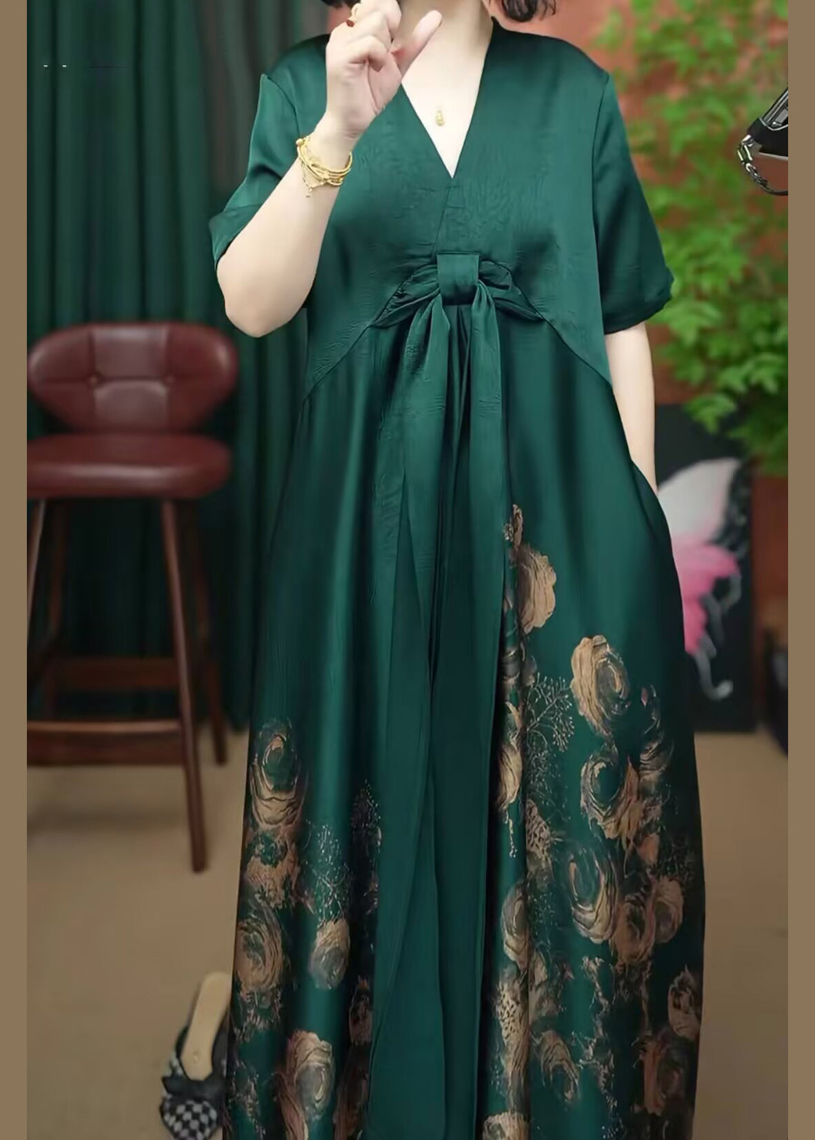 Neck Rose Long Women Silk Summer Print Patchwork V Dress