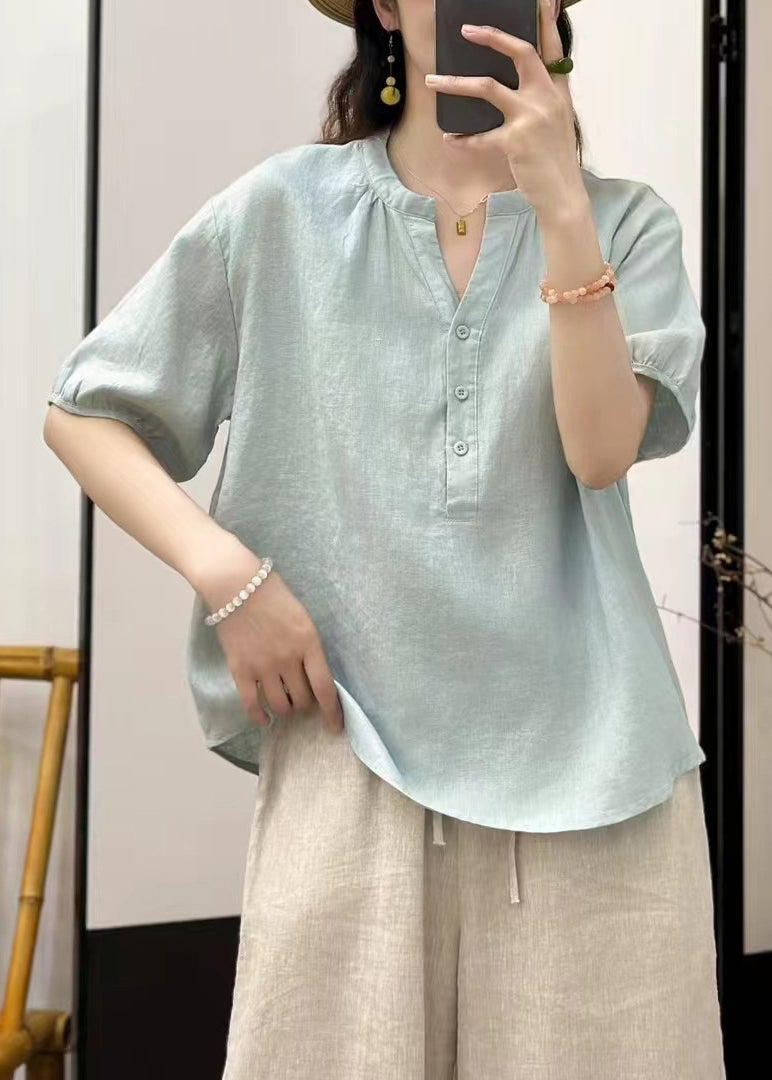 Women Button Shirt Blue Linen Loose Solid Sky