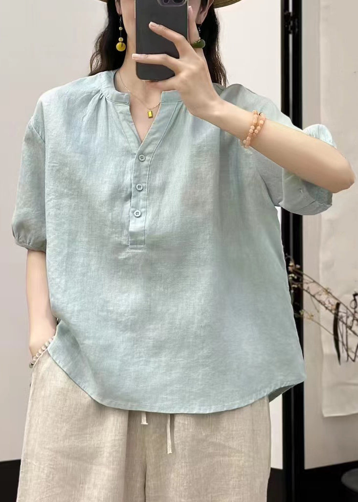 Women Button Shirt Blue Linen Loose Solid Sky