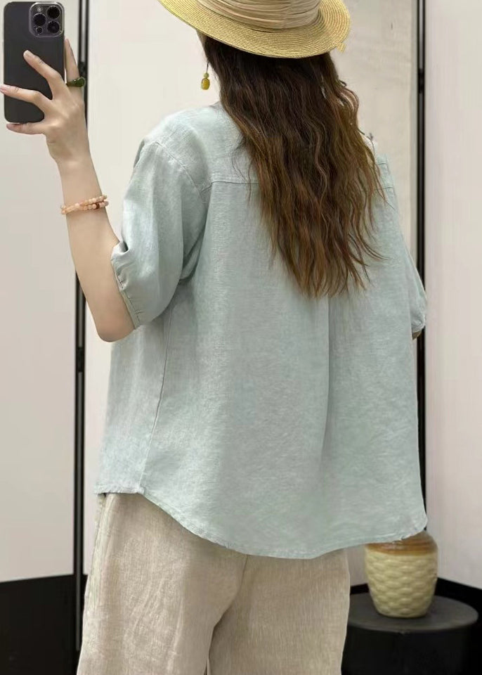 Women Button Shirt Blue Linen Loose Solid Sky