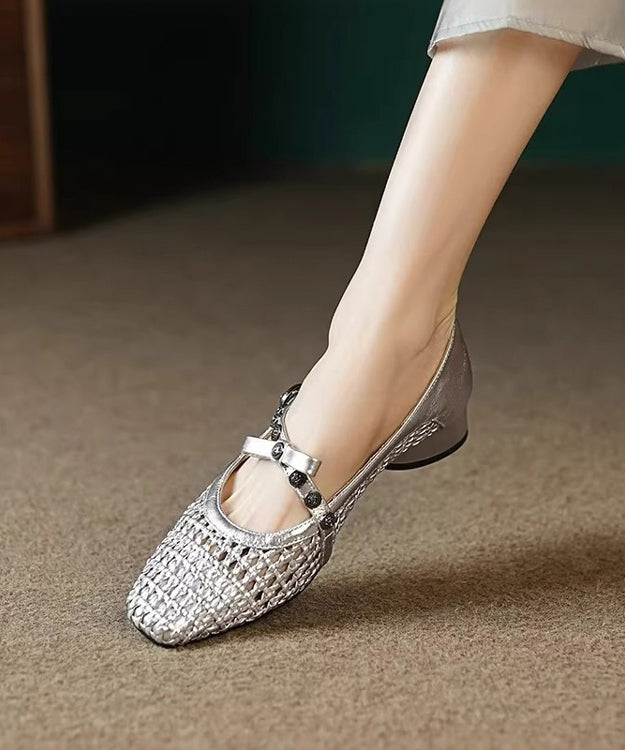 Chunky Leather Splicing Women Faux Black Hollow Out Shoes