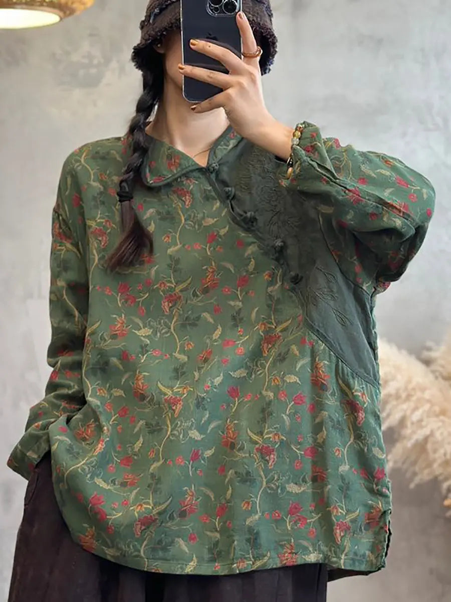 Women Spring Ethnic Floral Patchwork Buckle Linen Shirt Ada Fashion