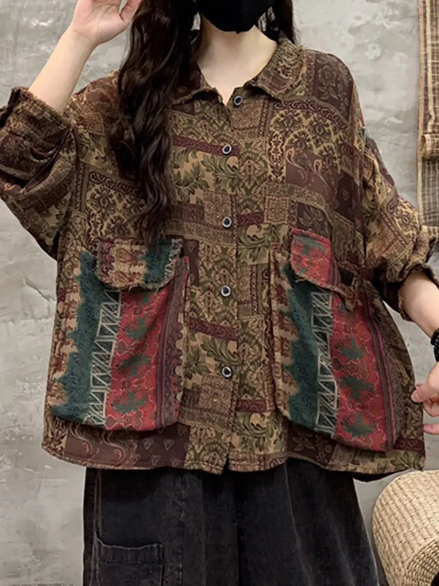 Women Spring Vintage Geometric Spliced Loose Shirt Ada Fashion