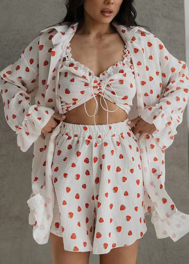 Pajama Pieces 3 Women Summer Cotton Strawberry Print Sets