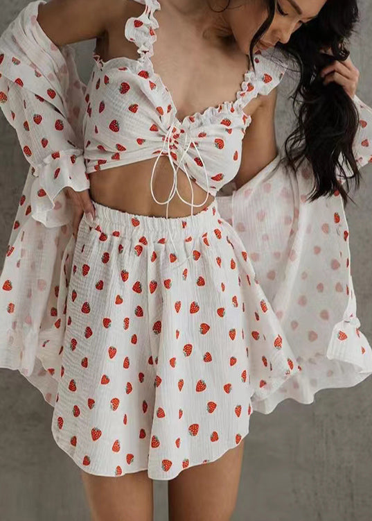 Pajama Pieces 3 Women Summer Cotton Strawberry Print Sets