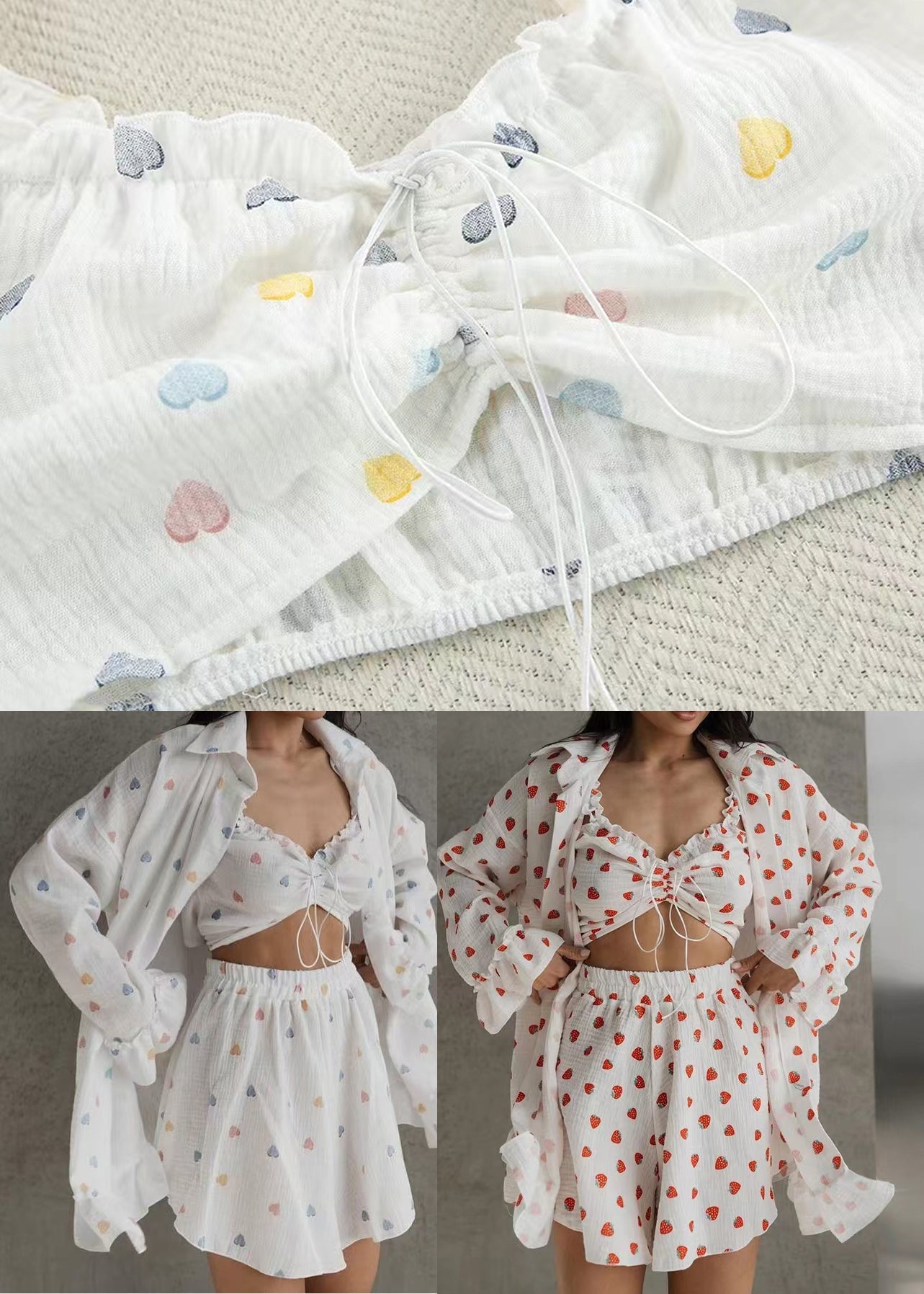 Pajama Pieces 3 Women Summer Cotton Strawberry Print Sets