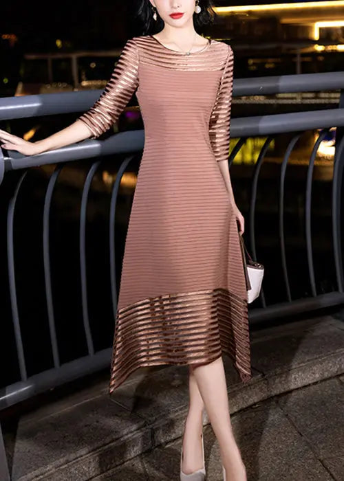 Women Striped O Neck High Waist Cotton Dresses Half Sleeve Ada Fashion