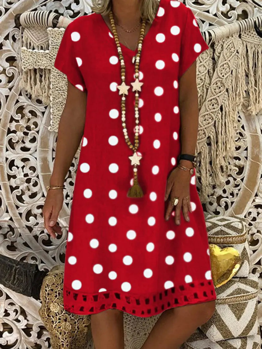 Damen V-Ausschnitt Kurzarm Hohl Polka Dot Sommerkleid AD656