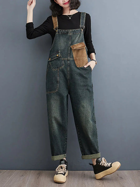 Women Vintage Colorblock Denim Loose Jumpsuits Ada Fashion