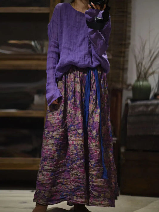 Women Vintage Floral Print Wron Ramie Skirt Ada Fashion