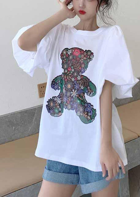 Cotton Tops Tank Bear Women Print Sleeve Puff White